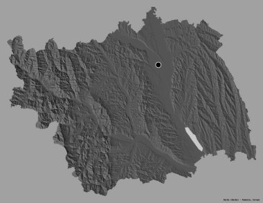 Romanya 'nın Bacau ilçesi, başkenti katı renk arka planına izole edilmiş durumda. Çift seviyeli yükseklik haritası. 3B görüntüleme