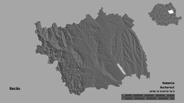 Romanya 'nın Bacau ilçesi, başkenti sağlam bir zemin üzerinde izole edilmiş. Uzaklık ölçeği, bölge önizlemesi ve etiketleri. Çift seviyeli yükseklik haritası. 3B görüntüleme