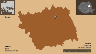 Bacau 'nun şekli, Romanya eyaleti ve başkenti. Uzaklık ölçeği, ön gösterimler ve etiketler. Düzenli desenli dokuların bileşimi. 3B görüntüleme
