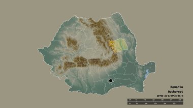 Romanya 'nın başkenti, ana bölgesel bölünmesi ve bölünmüş Bacau bölgesiyle dejenere bir şekli var. Etiketler. Topografik yardım haritası. 3B görüntüleme