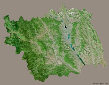 Romanya 'nın Bacau ilçesi, başkenti katı renk arka planına izole edilmiş durumda. Uydu görüntüleri. 3B görüntüleme