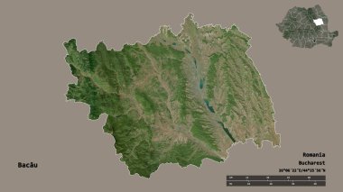 Romanya 'nın Bacau ilçesi, başkenti sağlam bir zemin üzerinde izole edilmiş. Uzaklık ölçeği, bölge önizlemesi ve etiketleri. Uydu görüntüleri. 3B görüntüleme