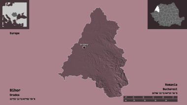 Romanya 'nın Bihor ilçesi ve başkenti. Uzaklık ölçeği, ön gösterimler ve etiketler. Renkli yükseklik haritası. 3B görüntüleme