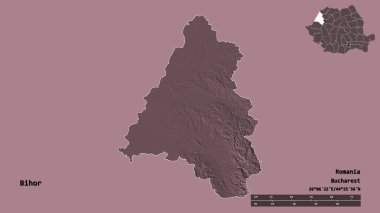 Romanya 'nın Bihor ilçesi, başkenti sağlam bir zemin üzerinde izole edilmiş. Uzaklık ölçeği, bölge önizlemesi ve etiketleri. Renkli yükseklik haritası. 3B görüntüleme