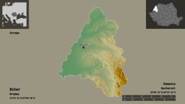 Romanya 'nın Bihor ilçesi ve başkenti. Uzaklık ölçeği, ön gösterimler ve etiketler. Topografik yardım haritası. 3B görüntüleme