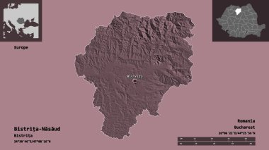Romanya 'nın Bistrita-Nasaud ilçesi ve başkenti. Uzaklık ölçeği, ön gösterimler ve etiketler. Renkli yükseklik haritası. 3B görüntüleme