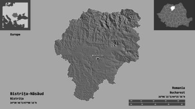 Romanya 'nın Bistrita-Nasaud ilçesi ve başkenti. Uzaklık ölçeği, ön gösterimler ve etiketler. Çift seviyeli yükseklik haritası. 3B görüntüleme