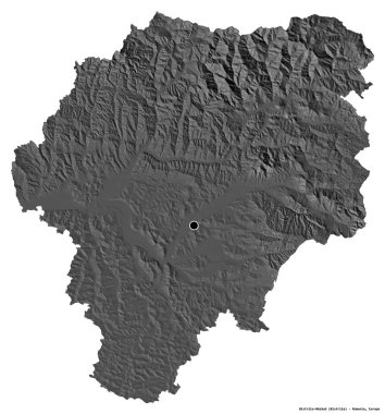 Romanya 'nın başkenti Bistrita-Nasaud' un beyaz arka planda izole edilmiş şekli. Çift seviyeli yükseklik haritası. 3B görüntüleme
