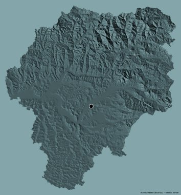 Romanya 'nın Bistrita-Nasaud ilçesi, başkenti sağlam bir renk arkaplanına sahip. Renkli yükseklik haritası. 3B görüntüleme