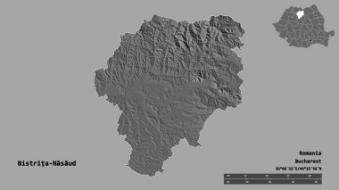 Romanya 'nın başkenti Bistrita-Nasaud' un sağlam arka planda izole edilmiş şekli. Uzaklık ölçeği, bölge önizlemesi ve etiketleri. Çift seviyeli yükseklik haritası. 3B görüntüleme