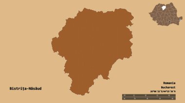 Romanya 'nın başkenti Bistrita-Nasaud' un sağlam arka planda izole edilmiş şekli. Uzaklık ölçeği, bölge önizlemesi ve etiketleri. Düzenli desenli dokuların bileşimi. 3B görüntüleme