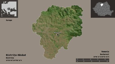 Romanya 'nın Bistrita-Nasaud ilçesi ve başkenti. Uzaklık ölçeği, ön gösterimler ve etiketler. Uydu görüntüleri. 3B görüntüleme