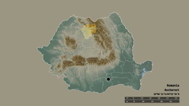 Romanya 'nın başkenti, ana bölgesel bölünmesi ve bölünmüş Bistrita-Nasaud bölgesiyle deforme olmuş hali. Etiketler. Topografik yardım haritası. 3B görüntüleme