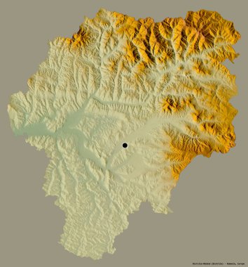 Romanya 'nın Bistrita-Nasaud ilçesi, başkenti sağlam bir renk arkaplanına sahip. Topografik yardım haritası. 3B görüntüleme