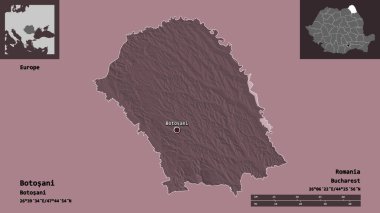 Romanya 'nın Botosani ilçesi ve başkenti. Uzaklık ölçeği, ön gösterimler ve etiketler. Renkli yükseklik haritası. 3B görüntüleme