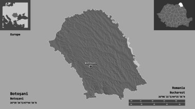 Romanya 'nın Botosani ilçesi ve başkenti. Uzaklık ölçeği, ön gösterimler ve etiketler. Çift seviyeli yükseklik haritası. 3B görüntüleme