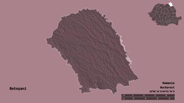 Romanya 'nın Botosani ilçesi, başkenti sağlam bir zemin üzerinde izole edilmiş durumda. Uzaklık ölçeği, bölge önizlemesi ve etiketleri. Renkli yükseklik haritası. 3B görüntüleme