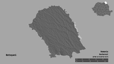 Romanya 'nın Botosani ilçesi, başkenti sağlam bir zemin üzerinde izole edilmiş durumda. Uzaklık ölçeği, bölge önizlemesi ve etiketleri. Çift seviyeli yükseklik haritası. 3B görüntüleme