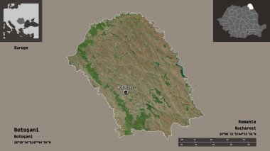 Romanya 'nın Botosani ilçesi ve başkenti. Uzaklık ölçeği, ön gösterimler ve etiketler. Uydu görüntüleri. 3B görüntüleme