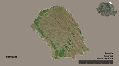 Romanya 'nın Botosani ilçesi, başkenti sağlam bir zemin üzerinde izole edilmiş durumda. Uzaklık ölçeği, bölge önizlemesi ve etiketleri. Uydu görüntüleri. 3B görüntüleme