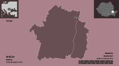Romanya 'nın Braila ilçesi ve başkenti. Uzaklık ölçeği, ön gösterimler ve etiketler. Renkli yükseklik haritası. 3B görüntüleme