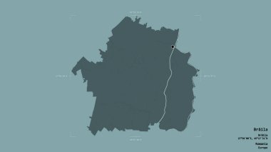 Romanya 'nın Braila ilçesi, jeoreferatlı bir sınır kutusunun sağlam bir arka planında izole edilmiş. Etiketler. Renkli yükseklik haritası. 3B görüntüleme