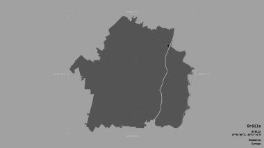 Romanya 'nın Braila ilçesi, jeoreferatlı bir sınır kutusunun sağlam bir arka planında izole edilmiş. Etiketler. Çift seviyeli yükseklik haritası. 3B görüntüleme
