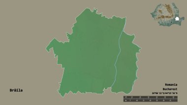 Romanya 'nın Braila ilçesi, başkenti sağlam arka planda izole edilmiş. Uzaklık ölçeği, bölge önizlemesi ve etiketleri. Topografik yardım haritası. 3B görüntüleme
