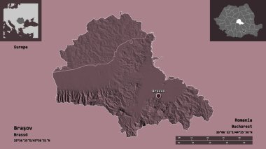 Romanya 'nın Brasov ilçesi ve başkenti. Uzaklık ölçeği, ön gösterimler ve etiketler. Renkli yükseklik haritası. 3B görüntüleme