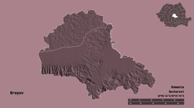Romanya 'nın Brasov kenti, başkenti sağlam bir zemin üzerinde izole edilmiş durumda. Uzaklık ölçeği, bölge önizlemesi ve etiketleri. Renkli yükseklik haritası. 3B görüntüleme