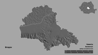 Romanya 'nın Brasov kenti, başkenti sağlam bir zemin üzerinde izole edilmiş durumda. Uzaklık ölçeği, bölge önizlemesi ve etiketleri. Çift seviyeli yükseklik haritası. 3B görüntüleme