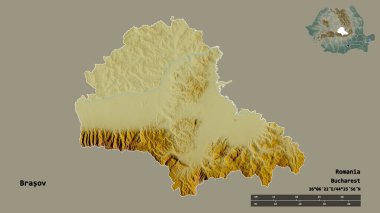 Romanya 'nın Brasov kenti, başkenti sağlam bir zemin üzerinde izole edilmiş durumda. Uzaklık ölçeği, bölge önizlemesi ve etiketleri. Topografik yardım haritası. 3B görüntüleme