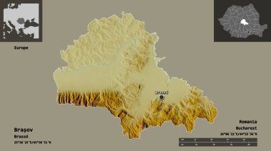 Romanya 'nın Brasov ilçesi ve başkenti. Uzaklık ölçeği, ön gösterimler ve etiketler. Topografik yardım haritası. 3B görüntüleme