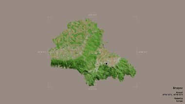 Romanya 'nın Brasov ilçesi bölgesi, jeoreferatlı bir sınır kutusunun sağlam bir arka planında izole edilmiş durumda. Etiketler. Uydu görüntüleri. 3B görüntüleme