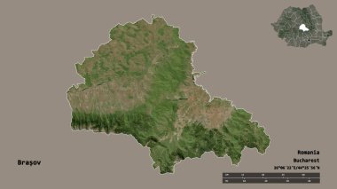 Romanya 'nın Brasov kenti, başkenti sağlam bir zemin üzerinde izole edilmiş durumda. Uzaklık ölçeği, bölge önizlemesi ve etiketleri. Uydu görüntüleri. 3B görüntüleme
