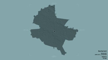 Romanya belediyesi Bükreş 'in bir bölgesi, jeoreferatlı bir sınır kutusunun sağlam bir arka planında izole edilmiş durumda. Etiketler. Renkli yükseklik haritası. 3B görüntüleme