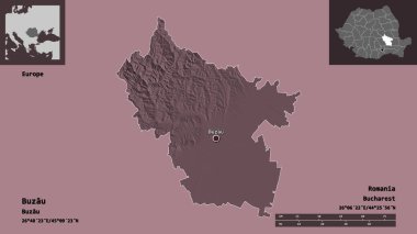 Romanya 'nın Buzau ilçesi ve başkenti. Uzaklık ölçeği, ön gösterimler ve etiketler. Renkli yükseklik haritası. 3B görüntüleme