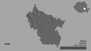 Romanya 'nın Buzau ilçesi, başkenti sağlam bir zemin üzerinde izole edilmiş. Uzaklık ölçeği, bölge önizlemesi ve etiketleri. Çift seviyeli yükseklik haritası. 3B görüntüleme