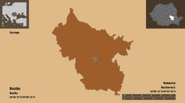 Romanya 'nın Buzau ilçesi ve başkenti. Uzaklık ölçeği, ön gösterimler ve etiketler. Düzenli desenli dokuların bileşimi. 3B görüntüleme