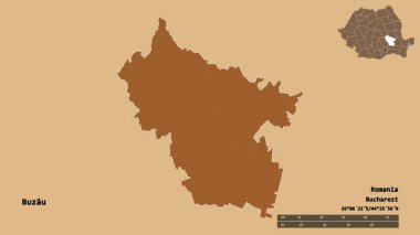 Romanya 'nın Buzau ilçesi, başkenti sağlam bir zemin üzerinde izole edilmiş. Uzaklık ölçeği, bölge önizlemesi ve etiketleri. Düzenli desenli dokuların bileşimi. 3B görüntüleme