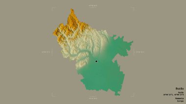 Romanya 'nın Buzau ilçesi, jeoreferatlı bir sınır kutusunun sağlam bir arka planında izole edilmiş. Etiketler. Topografik yardım haritası. 3B görüntüleme