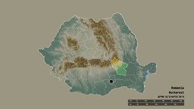 Romanya 'nın başkenti, ana bölgesel bölünmesi ve bölünmüş Buzau alanıyla deforme olmuş hali. Etiketler. Topografik yardım haritası. 3B görüntüleme