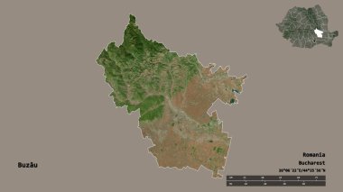 Romanya 'nın Buzau ilçesi, başkenti sağlam bir zemin üzerinde izole edilmiş. Uzaklık ölçeği, bölge önizlemesi ve etiketleri. Uydu görüntüleri. 3B görüntüleme