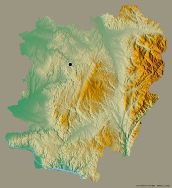 Romanya 'nın Caras-Severin ilçesi, başkenti katı renk arka planına izole edilmiş. Topografik yardım haritası. 3B görüntüleme