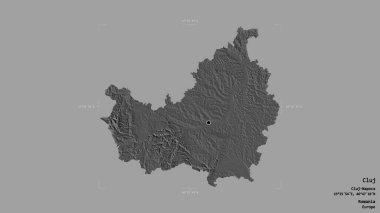 Romanya 'nın Cluj ilçesi bölgesi, jeoreferatlı bir sınır kutusunun sağlam bir arka planında izole edilmiş durumda. Etiketler. Çift seviyeli yükseklik haritası. 3B görüntüleme