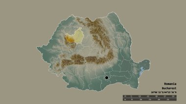 Romanya 'nın başkenti, ana bölgesel bölünmesi ve bölünmüş Cluj alanıyla deforme olmuş hali. Etiketler. Topografik yardım haritası. 3B görüntüleme