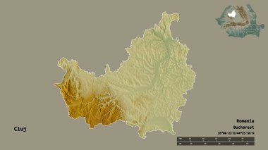 Romanya 'nın Cluj ilçesi, başkenti sağlam bir zemin üzerinde izole edilmiş durumda. Uzaklık ölçeği, bölge önizlemesi ve etiketleri. Topografik yardım haritası. 3B görüntüleme