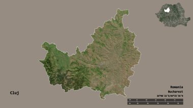 Romanya 'nın Cluj ilçesi, başkenti sağlam bir zemin üzerinde izole edilmiş durumda. Uzaklık ölçeği, bölge önizlemesi ve etiketleri. Uydu görüntüleri. 3B görüntüleme
