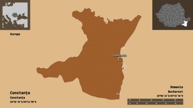 Romanya 'nın Köstence ilçesi ve başkenti. Uzaklık ölçeği, ön gösterimler ve etiketler. Düzenli desenli dokuların bileşimi. 3B görüntüleme