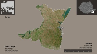 Romanya 'nın Köstence ilçesi ve başkenti. Uzaklık ölçeği, ön gösterimler ve etiketler. Uydu görüntüleri. 3B görüntüleme